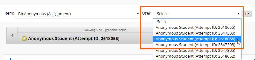 Blackboard Anonymous Marking - Jump to Attempt - select Attempt