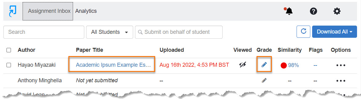 screen shot of Turnitin LTI assignment inbox with a submitted paper highlighted.