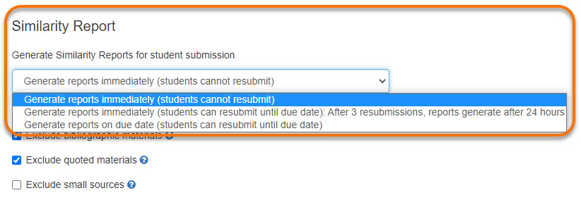 screen shot of Similarity report settings options. "Generate reports immediately (students cannot resubmit) is selected.