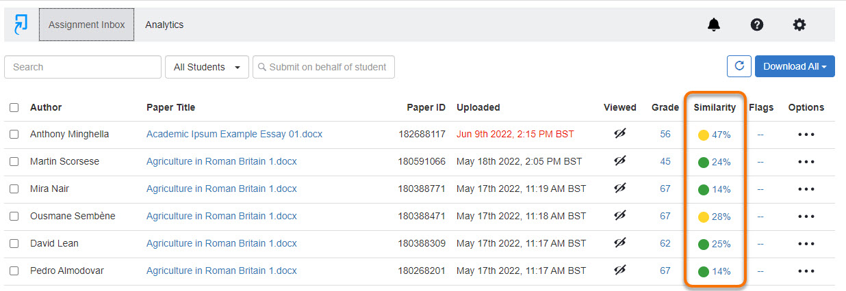 screen shot of Assignment inbox with the similarity score column circled.