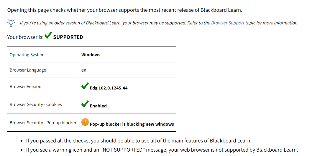 Showing the results of the browser compatability check