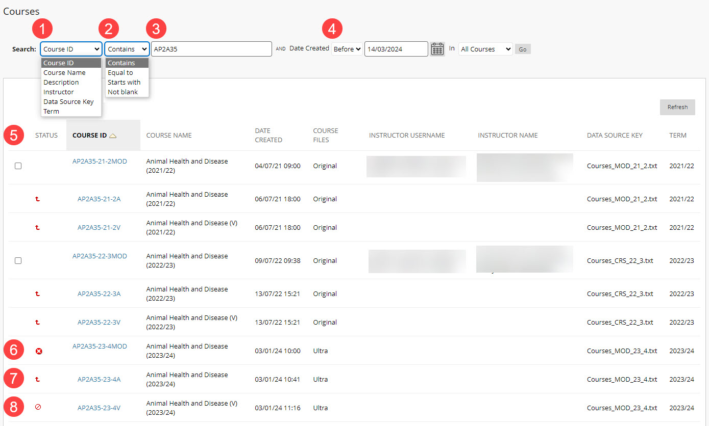 Course search screen
