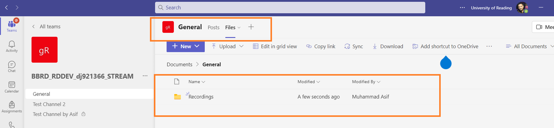 Image showing location of Teams recording