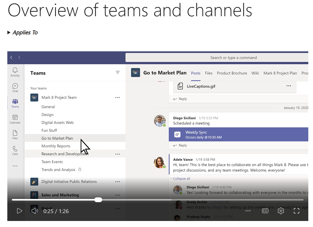 link to video about managing Teams and Channels