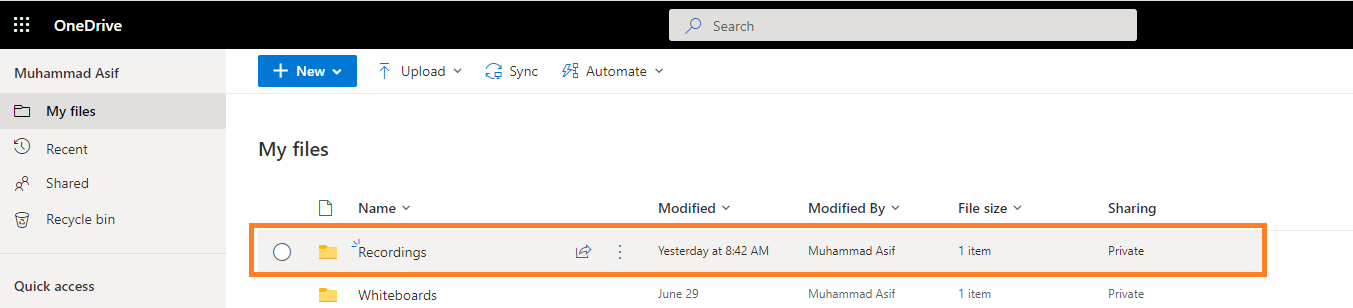 Image showing Teams recording in OneDrive