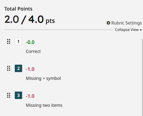 Showing a rubric with multiple point options and descriptors.