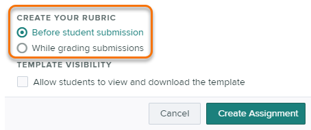 Gradescope Assignment set up screen section Create Your Rubric with the options 1. Before student submission and 2. While grading submissions
