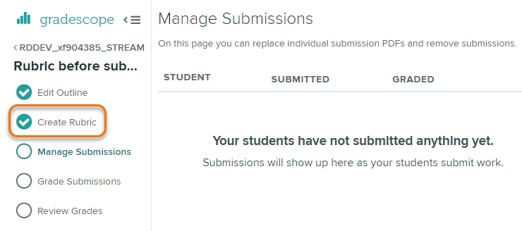 Manage submissions page showing no submissions and the Create Rubric option on the left-hand side menu