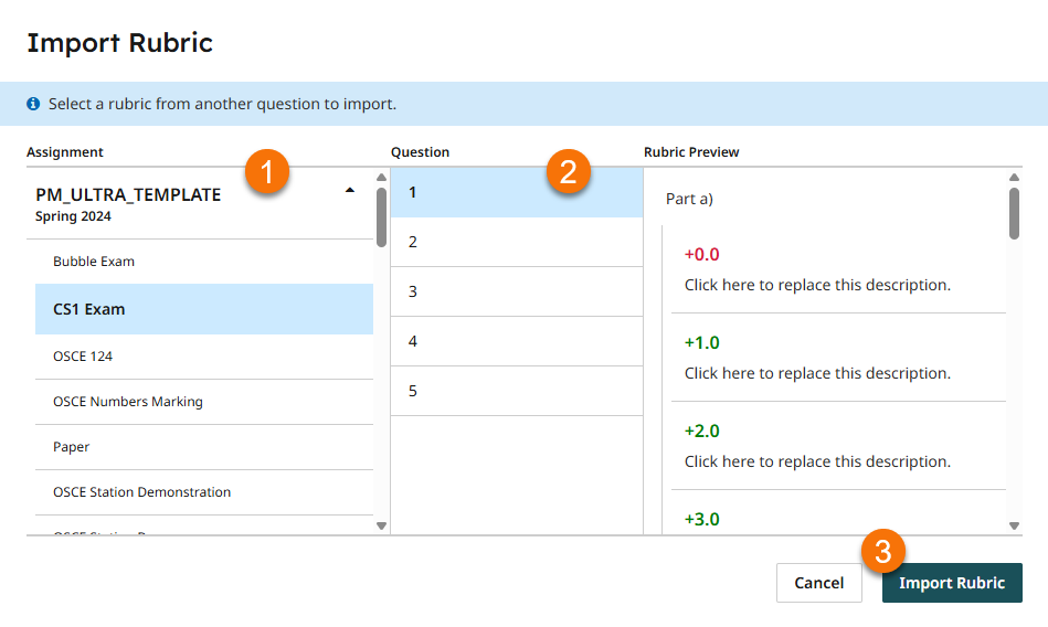 A visual of Steps one to three to import rubric.