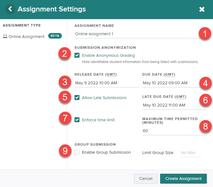 Online assignment settings