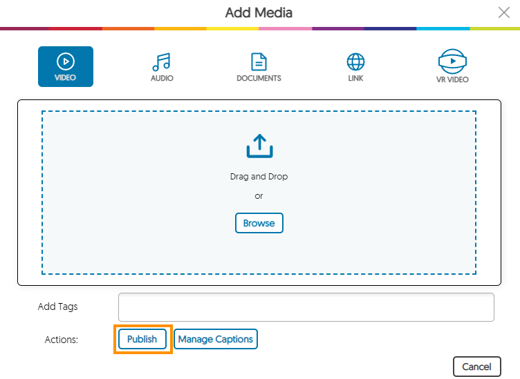 Screenshot of Publish option, when uploading media