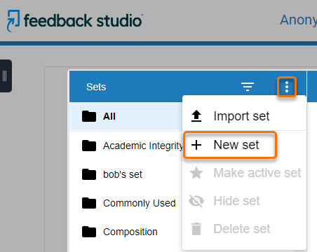 Screen shot of QuickMarks Manager with the menu opened by clicking on the three dots. New set is selected on the menu