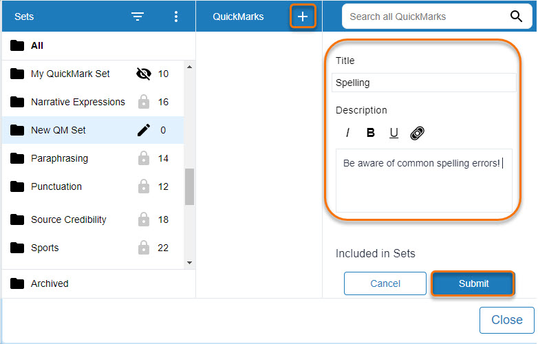 screen shot of the QM Manger, the "New QM Set" is selected and the plus icon clicked. A new panel opens and the details of the mark have been added.