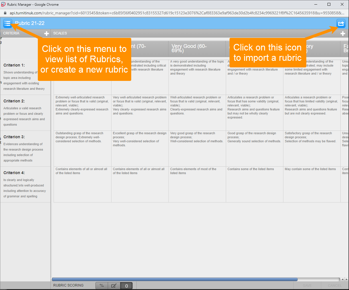 Screenshot of the Turnitin Rubric Manager screen