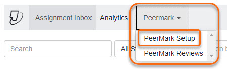 PeerMark menu in the Assignment inbox appears once PeerMark in enbaled. The menu is circled with the options PeerMark Setup and PeerMark Reviews