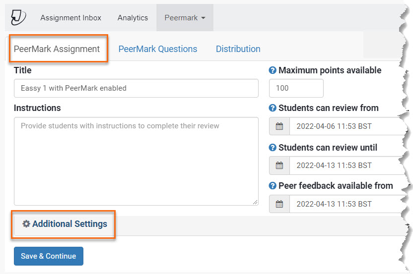 PeerMark assignment settings page with additional settings link circled. 