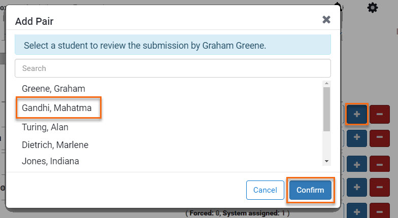 Add Pair pop-up window. The student to be paired is named at the top and all the other students are list. select a student and submit. 
