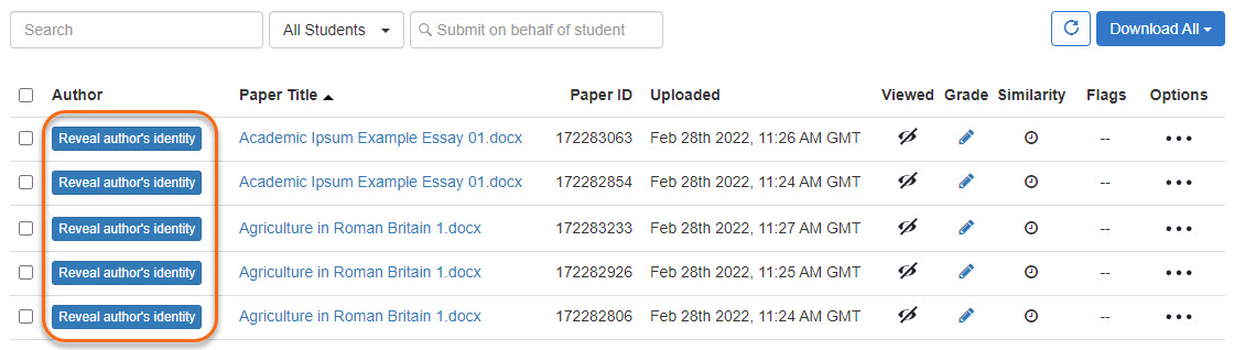 Turnitin LTI Assignment inbox with Anonymised names