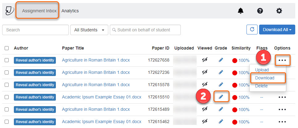 Assignment Inbox for Turnitin LTI with two methods marks 1 and 2