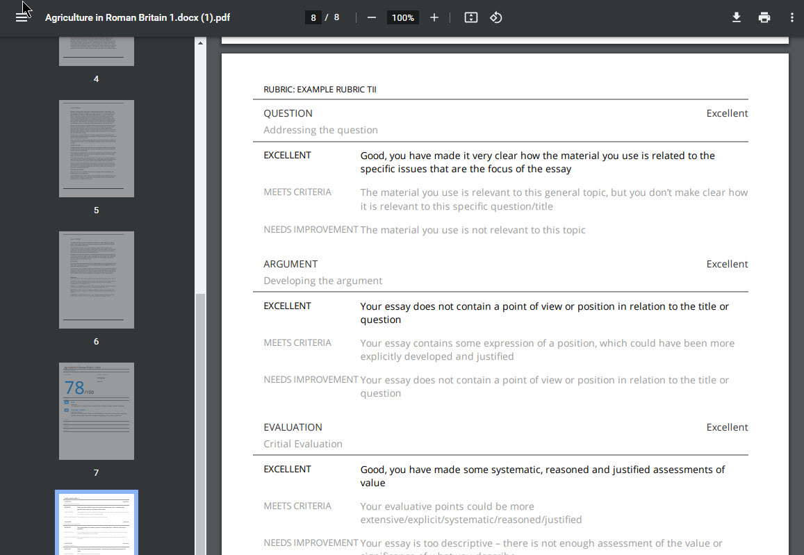 Current view PDF showing rubric marking
