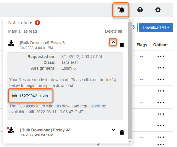 Notifications window with a list of the Bulk Downloads. Details of the downloads and a zip file is revealed.