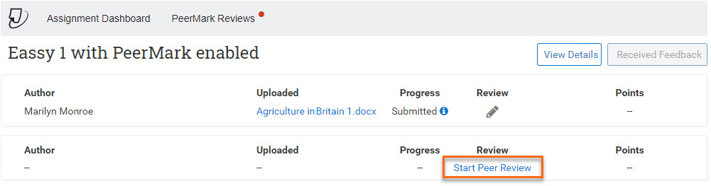 Student View of PeerMark page showing the reviews to be completed. 