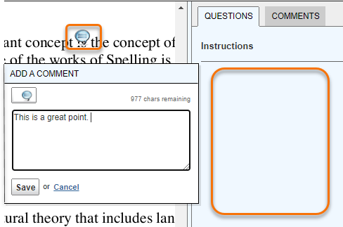 Review window with no questions. The Instructions panel is blank. A comment has been added by clicking on the text in the submitted paper. 