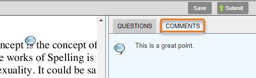 Review window showing a comment created in the text and showing in the Comments tab in the panel on the right-hand side of the review window. 