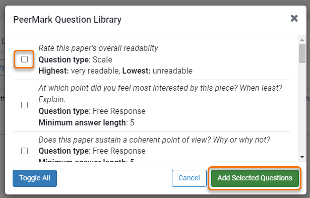 Add questions for peer review from library. The questions in the library are listed, selected as required and submit. 