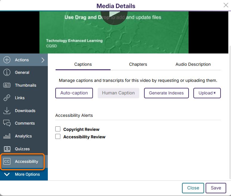 Accessibility menu screen in your YuJa video