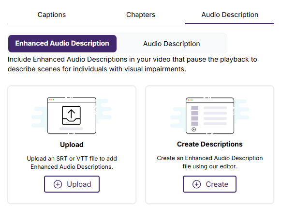 Audio Description options for uploading to video