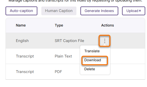 Three dot menu and captions menu, with download highlighted.