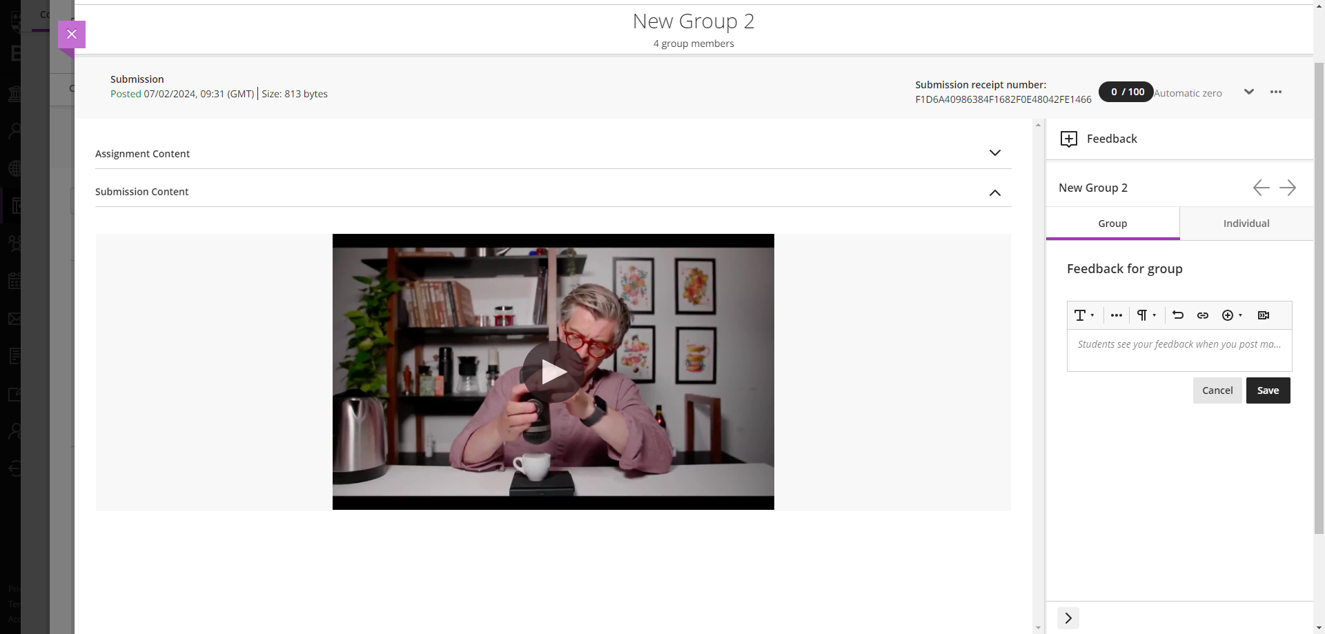 YuJa video submitted to a Blackboard assignment - marker view