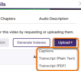 Upload captions menu