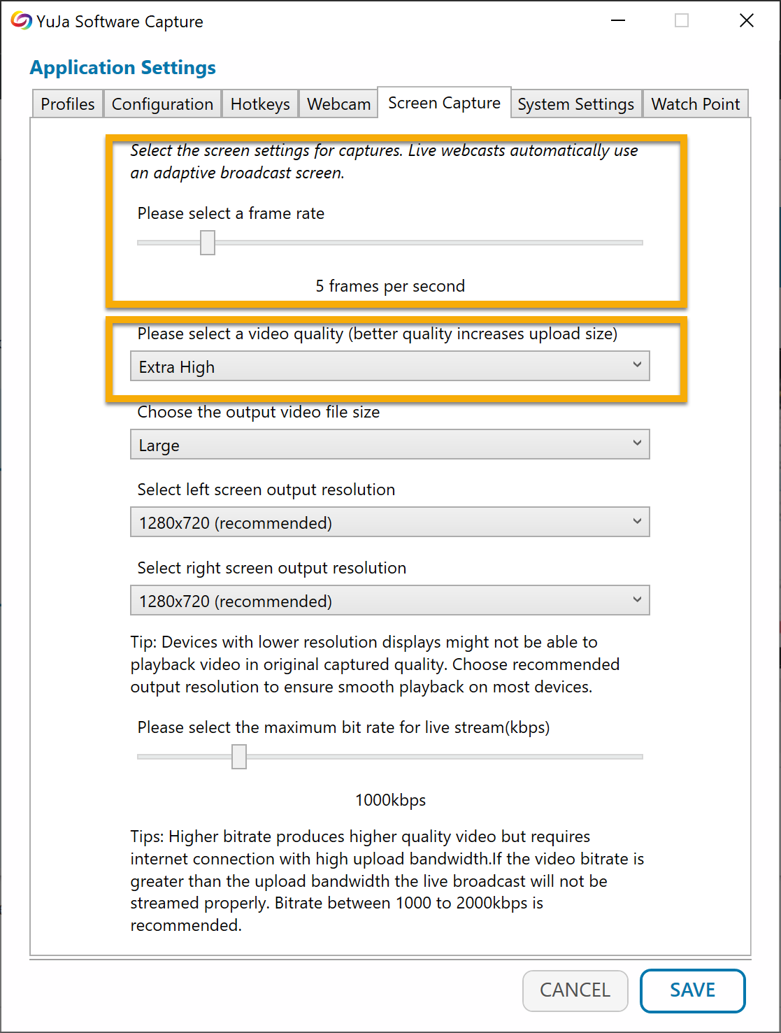 settings window with framerate and picture quality highlighted