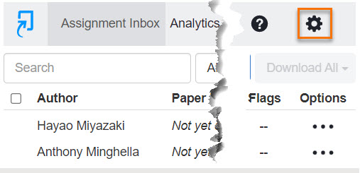 screenshot - LTI Turnitin inbox with Settings cog icon on top left-hand corner.