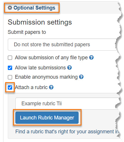 screenshot- Optional Settings panel open with Launch Rubric Manager button highlighted. 