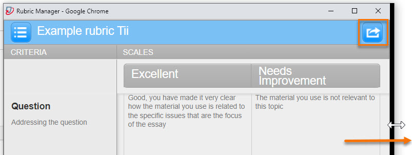 Screen shot - Rubric manager pop up window being pulled open on the left-hand side to reveal Import/Export button.