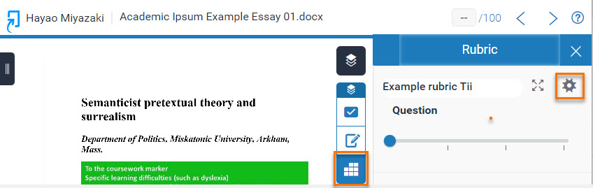 Screen shot of submitted paper opened in the Feedback Studio with the Rubric panel open on the left-hand side. On the top left-hand corner of the panel the Rubric Settings cog icon is highlighted.