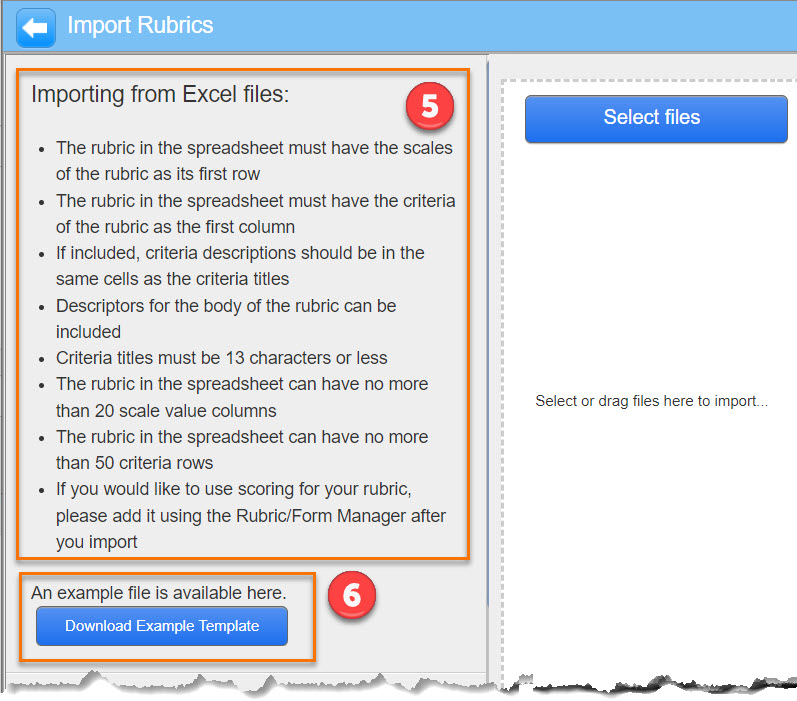 Screen shot - of Import screen with the Importing from excel files and the Download Example Template button are highlighted. 
