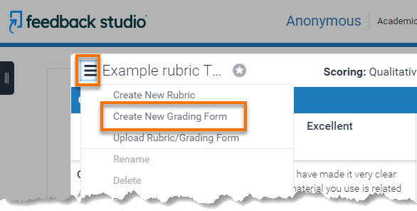 screen shot of Feedback Studio Rubric Manager menu with Create New Grading form highlighted.