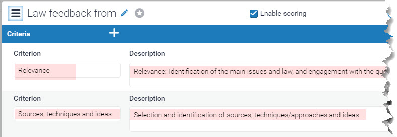 screen shot of FS Rubric Manager with some criteria and descriptions filled in.