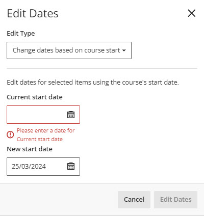 Screenshot of Change dates based on course start.