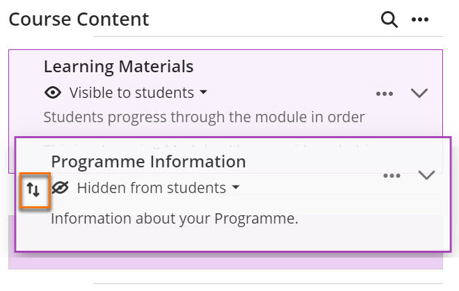 Screen shot of moving items in the Course Content