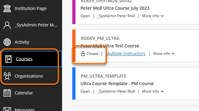 Showing Closed course in list form