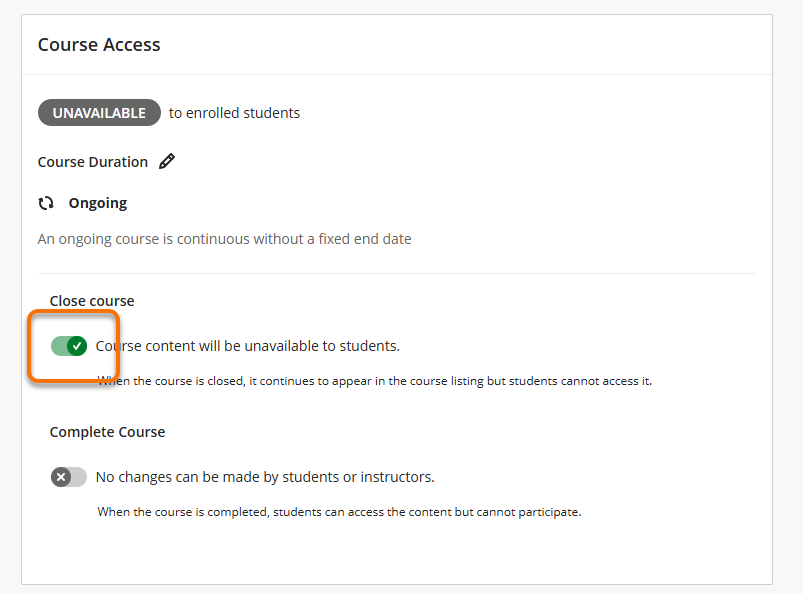 A closed course Access Panel showing the toggle which needs to be moved to make the course open or available to students.