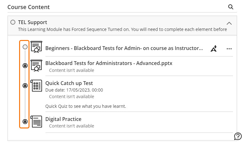Student's view of Learning Module with Forced Sequence turned on 