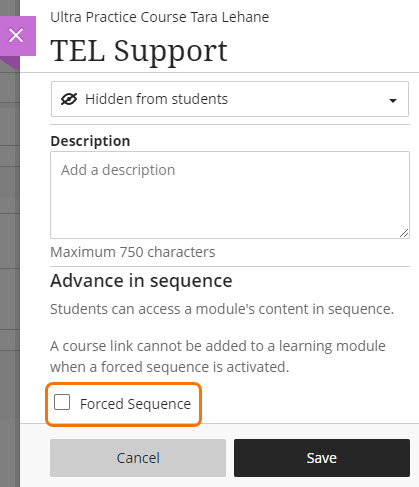 Screenshot of Forced Sequence check box in edit Learning Module window. 