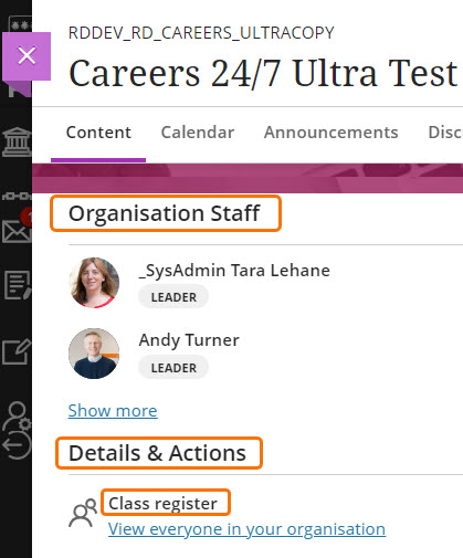 screenshot of Organisation Staff, Details and Actions menu, Class register link