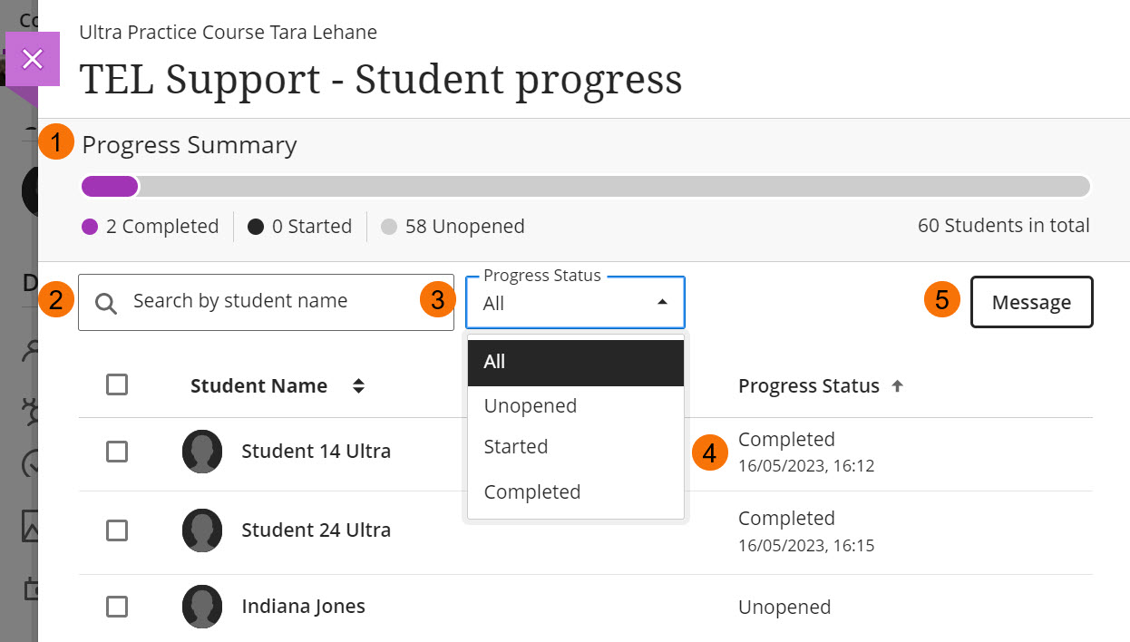 Screenshot of Student Progress page